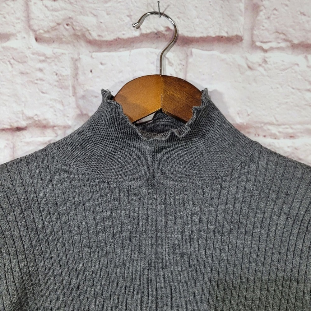 Zara Gray Rib Knit Ruffle Trim Turtleneck Sweater - Picture 4 of 10